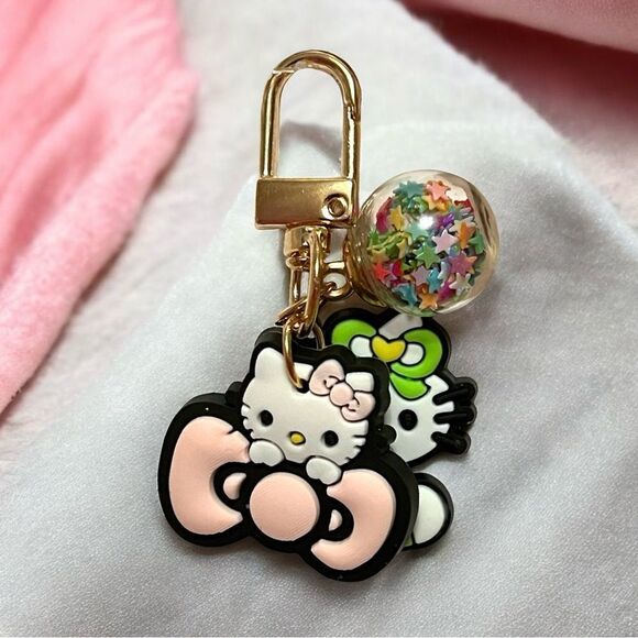 Hello Kitty Pink Bow Confetti Ball Gold Tone Bag Charm Zipper Pull - Picture 1 of 2